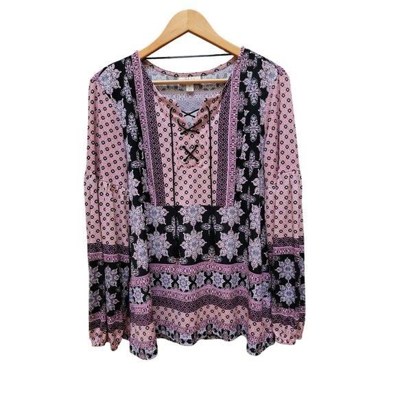 Style & Co. Tops - Style & Co Womens Boho Long Sleeve Floral Print Blouse M Pink & Black